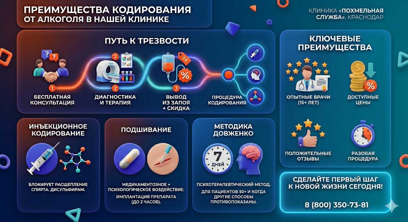 Инфографика о методах кодирования от алкоголя в Мозыре: инъекции, подшивание, метод Довженко. Преимущества клиники и этапы лечения.